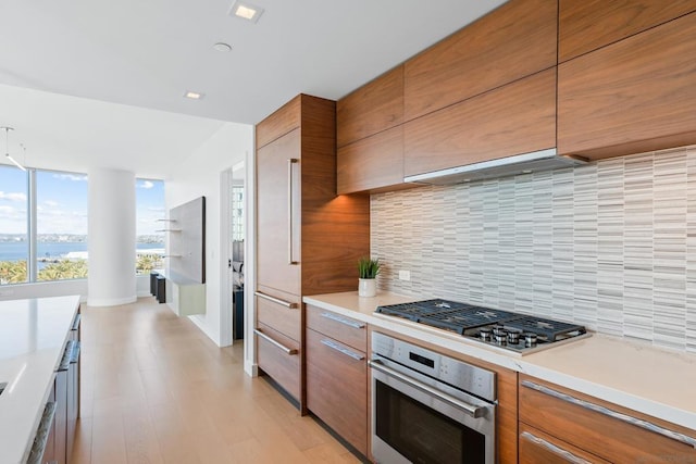 kitchen with appliances with stainless steel finishes, ventilation hood, decorative backsplash, and light wood-type flooring