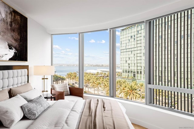 bedroom with a water view and multiple windows