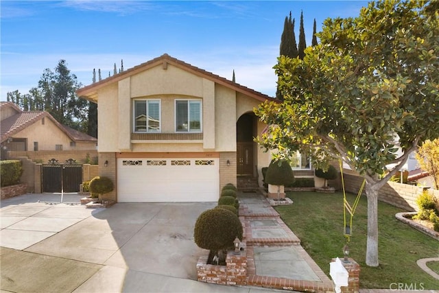 view of front of property with a garage and a front lawn