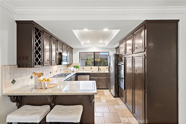 kitchen with a breakfast bar area, stainless steel appliances, and kitchen peninsula