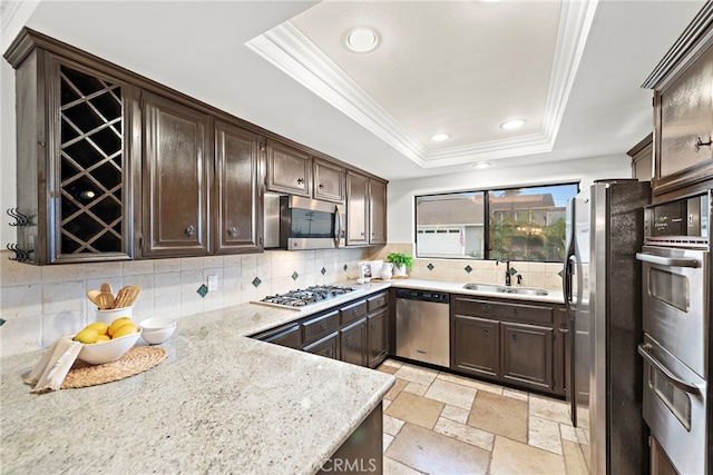 kitchen with tasteful backsplash, sink, crown molding, a tray ceiling, and stainless steel appliances