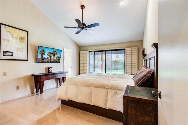 bedroom with ceiling fan, light tile patterned floors, and high vaulted ceiling