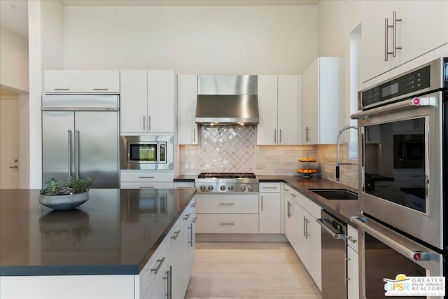 kitchen with white cabinetry, wall chimney range hood, built in appliances, tasteful backsplash, and sink