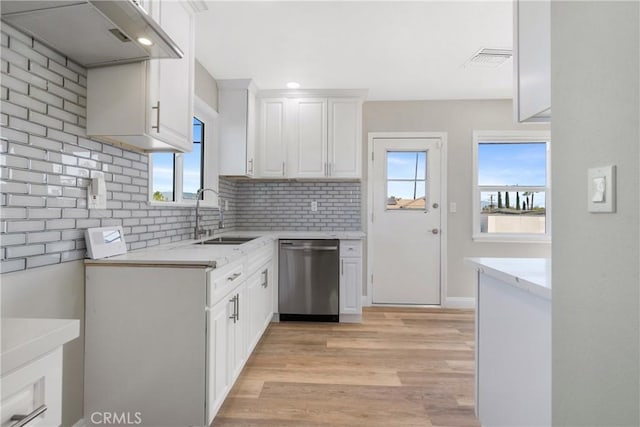 kitchen with a healthy amount of sunlight, tasteful backsplash, dishwasher, white cabinets, and sink