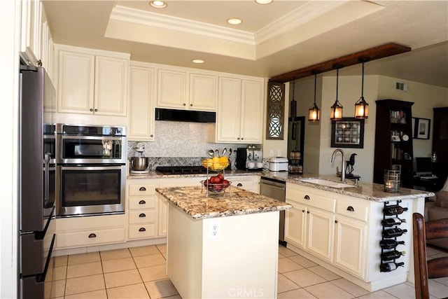 kitchen featuring sink, stainless steel appliances, light stone countertops, a center island with sink, and a raised ceiling