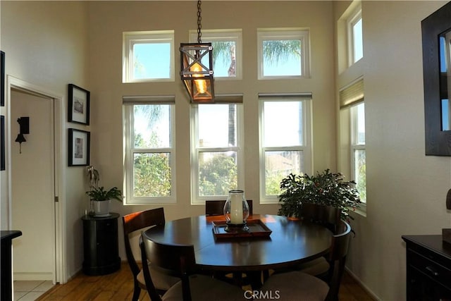 dining space with a healthy amount of sunlight and a towering ceiling