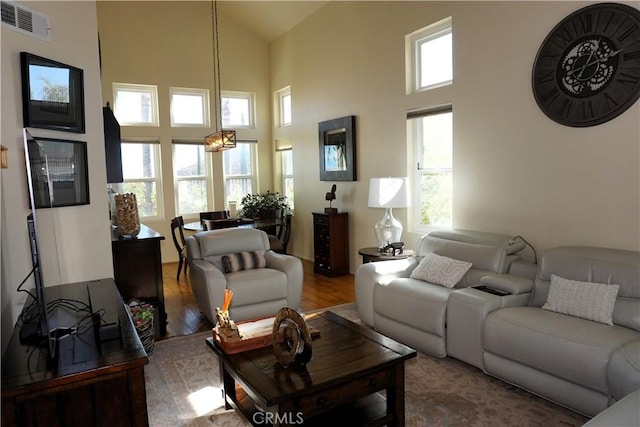 living room with hardwood / wood-style flooring, a wealth of natural light, and high vaulted ceiling