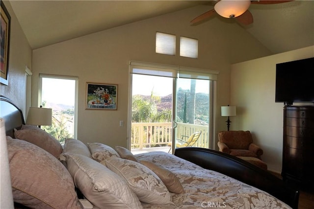 bedroom featuring lofted ceiling, access to exterior, and ceiling fan