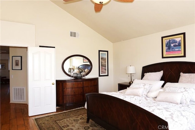 bedroom featuring high vaulted ceiling, dark hardwood / wood-style floors, and ceiling fan