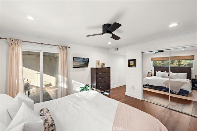 bedroom with ceiling fan, dark hardwood / wood-style flooring, ornamental molding, and access to outside