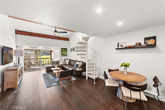 dining area with ceiling fan, dark hardwood / wood-style floors, and beam ceiling