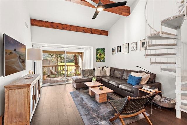 living room with high vaulted ceiling, dark hardwood / wood-style floors, beamed ceiling, and ceiling fan