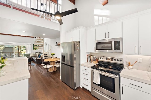 kitchen with dark hardwood / wood-style floors, stainless steel appliances, white cabinets, and high vaulted ceiling