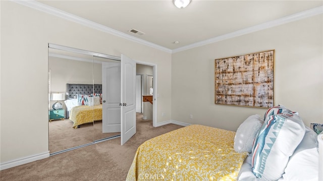 bedroom with light carpet, a closet, and crown molding