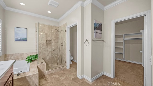 full bathroom with toilet, vanity, and crown molding