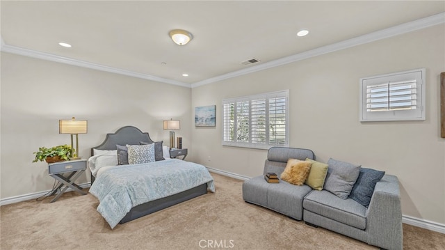 carpeted bedroom featuring crown molding