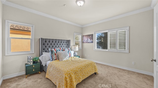 bedroom with crown molding, light colored carpet, and multiple windows