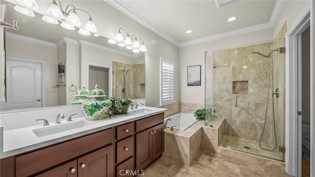 bathroom featuring vanity, ornamental molding, and shower with separate bathtub