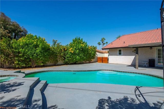 view of swimming pool featuring a patio and an in ground hot tub