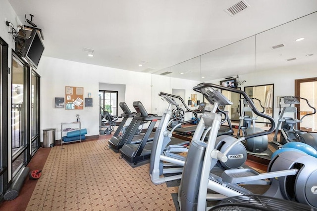 workout area with carpet floors