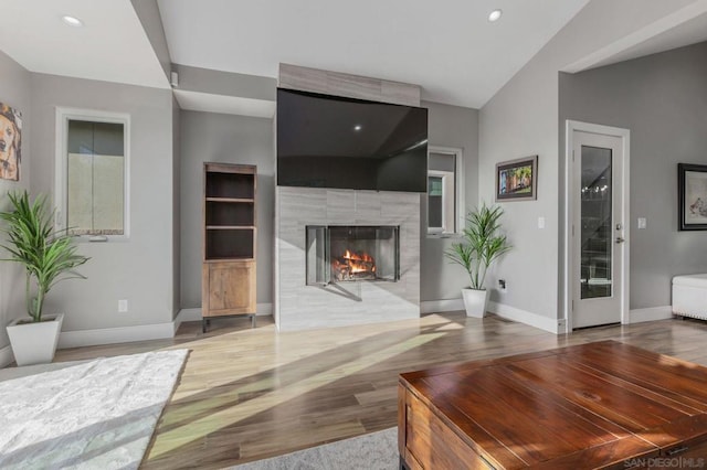 living room featuring lofted ceiling, a fireplace, and wood-type flooring