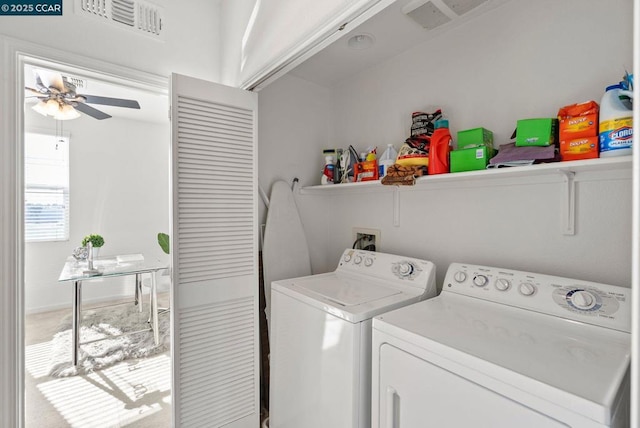 clothes washing area with ceiling fan and washing machine and clothes dryer