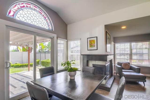 dining space featuring lofted ceiling, plenty of natural light, a tile fireplace, and hardwood / wood-style floors