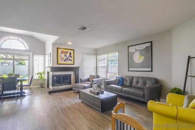 living room featuring lofted ceiling, a wealth of natural light, and hardwood / wood-style floors