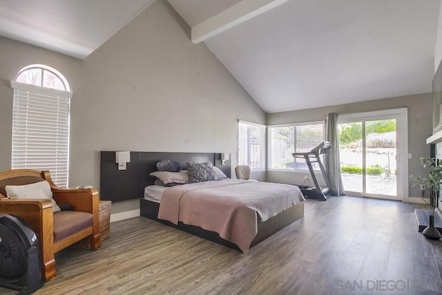 bedroom with access to outside, beam ceiling, high vaulted ceiling, and hardwood / wood-style floors