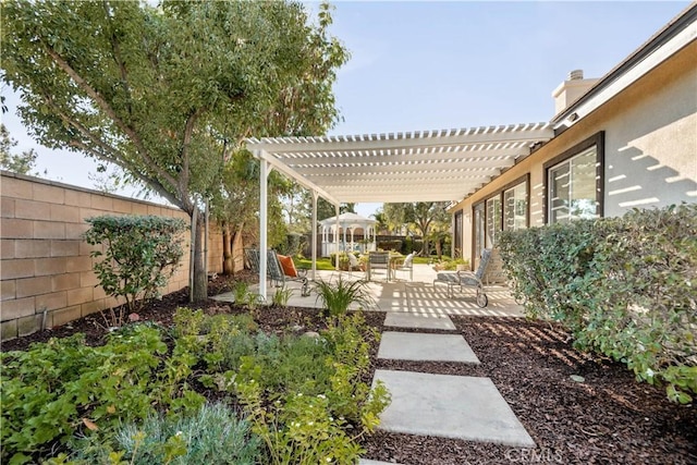 view of yard with a pergola and a patio area