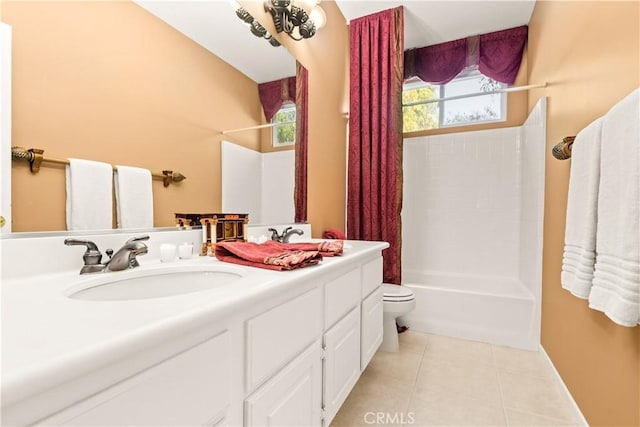 full bathroom featuring vanity, shower / bath combo, tile patterned floors, and toilet