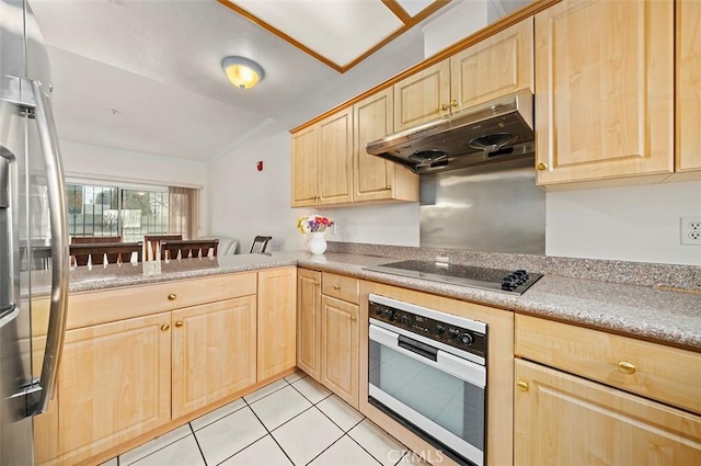 kitchen with light tile patterned floors, light brown cabinets, appliances with stainless steel finishes, and kitchen peninsula