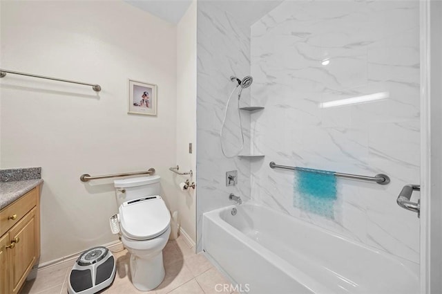 full bathroom featuring toilet, tile patterned flooring, tiled shower / bath combo, and vanity