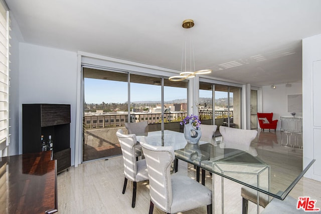 dining room with light wood-type flooring and floor to ceiling windows