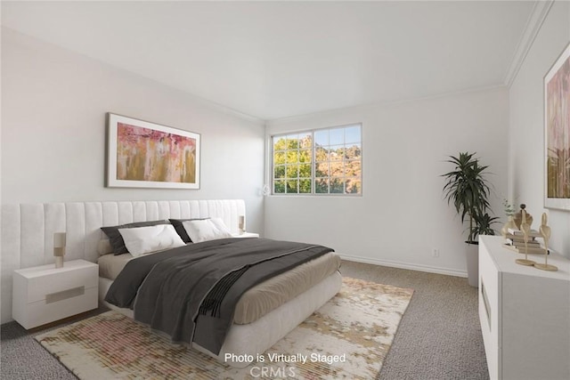 carpeted bedroom with crown molding