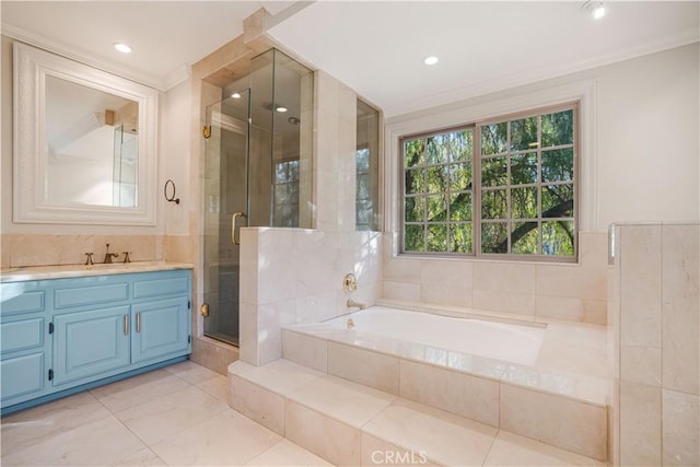 bathroom with crown molding, plenty of natural light, vanity, and plus walk in shower