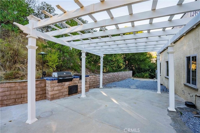 view of patio / terrace with grilling area, a pergola, and exterior kitchen