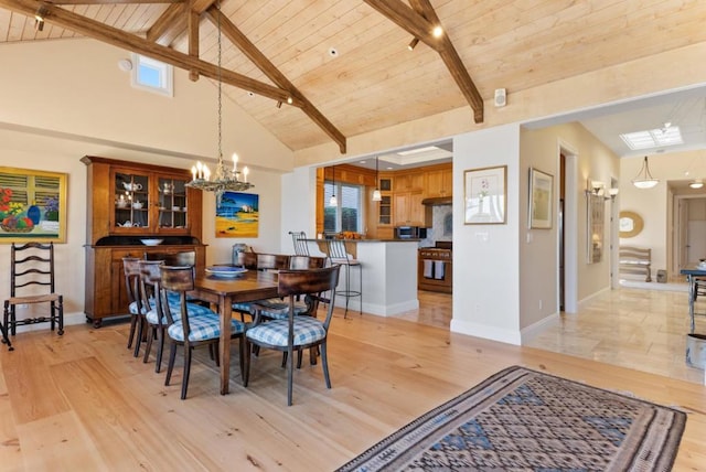 dining area with wood ceiling, an inviting chandelier, beam ceiling, high vaulted ceiling, and light hardwood / wood-style floors