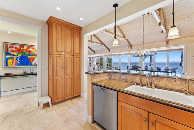 kitchen with sink, dishwasher, hanging light fixtures, a water view, and decorative backsplash