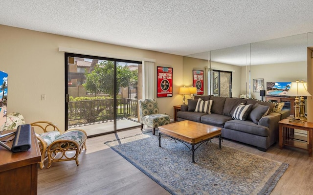 living room with a textured ceiling and wood-type flooring