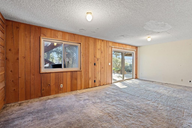 unfurnished room featuring wooden walls and carpet