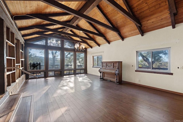 interior space featuring dark wood-type flooring, a notable chandelier, wooden ceiling, and vaulted ceiling with beams