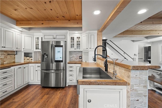 12475 Christmas Tree Rd, Ojai, CA 93023 - kitchen featuring wood ceiling, a sink, stainless steel fridge with ice dispenser, white cabinetry, and a peninsula