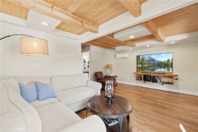 living room with hardwood / wood-style floors, an AC wall unit, beamed ceiling, and wooden ceiling