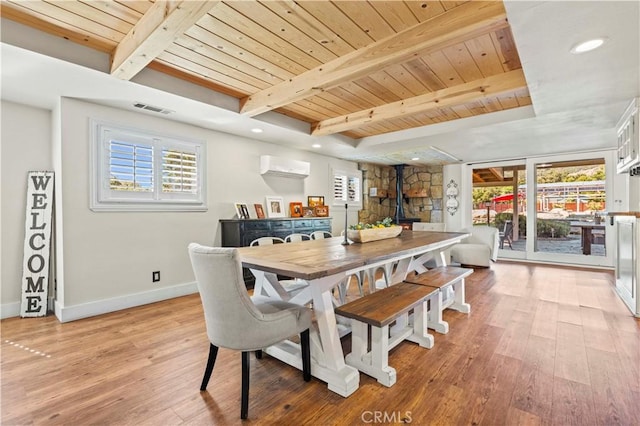 12475 Christmas Tree Rd, Ojai, CA 93023 - dining room featuring a wall mounted AC, wood ceiling, and a healthy amount of sunlight