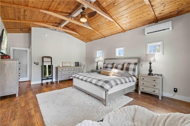 bedroom with ceiling fan, wooden ceiling, dark hardwood / wood-style floors, and a wall mounted air conditioner