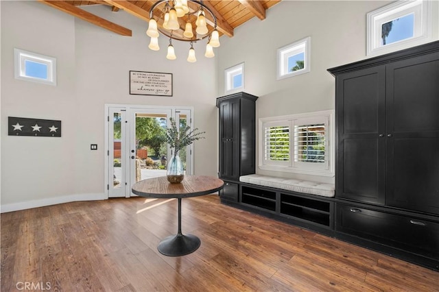 12475 Christmas Tree Rd, Ojai, CA 93023 - entryway with an inviting chandelier, baseboards, wood ceiling, beamed ceiling, and wood finished floors