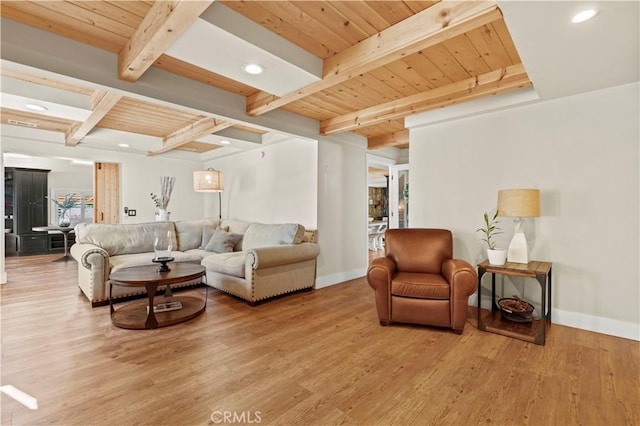 living room with beam ceiling, wooden ceiling, and hardwood / wood-style floors