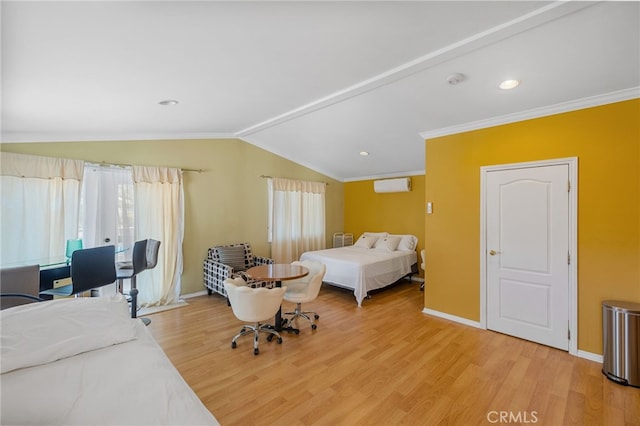 bedroom featuring a wall unit AC, crown molding, lofted ceiling, and light hardwood / wood-style floors