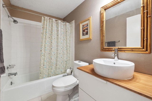 full bathroom with toilet, vanity, and shower / tub combo with curtain